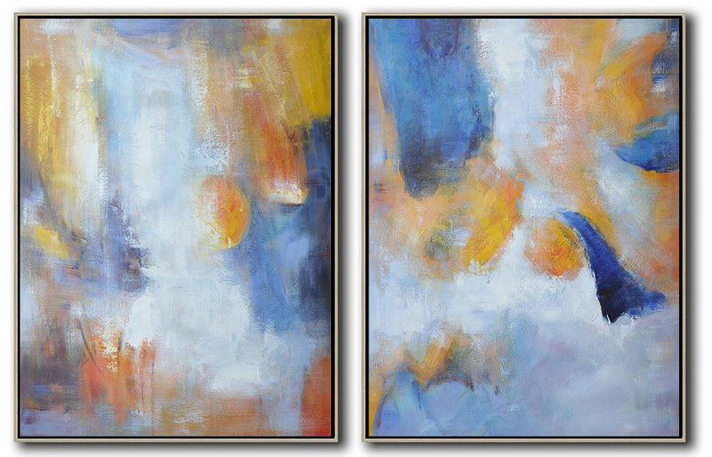 Extra Large Abstract Painting On Canvas,Set Of 2 Abstract Painting On Canvas,Extra Large Paintings,Yellow,Blue,White.etc